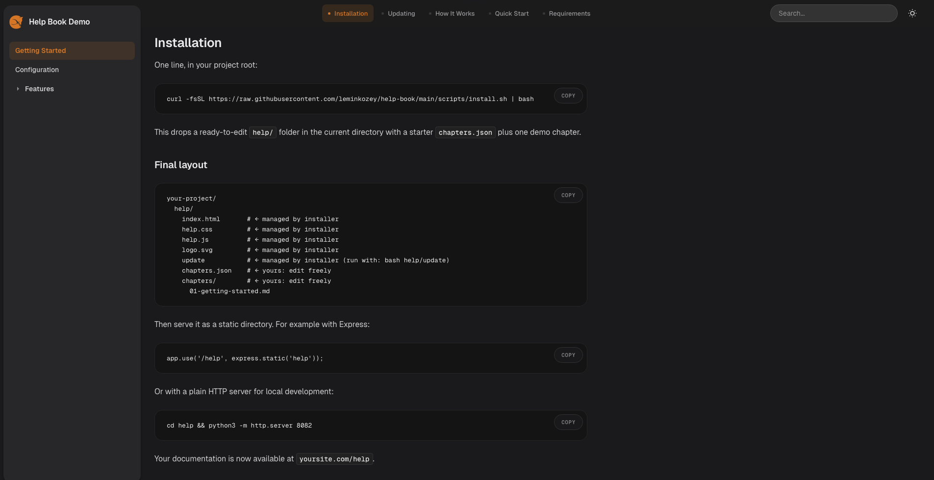 Help Book documentation page in dark mode